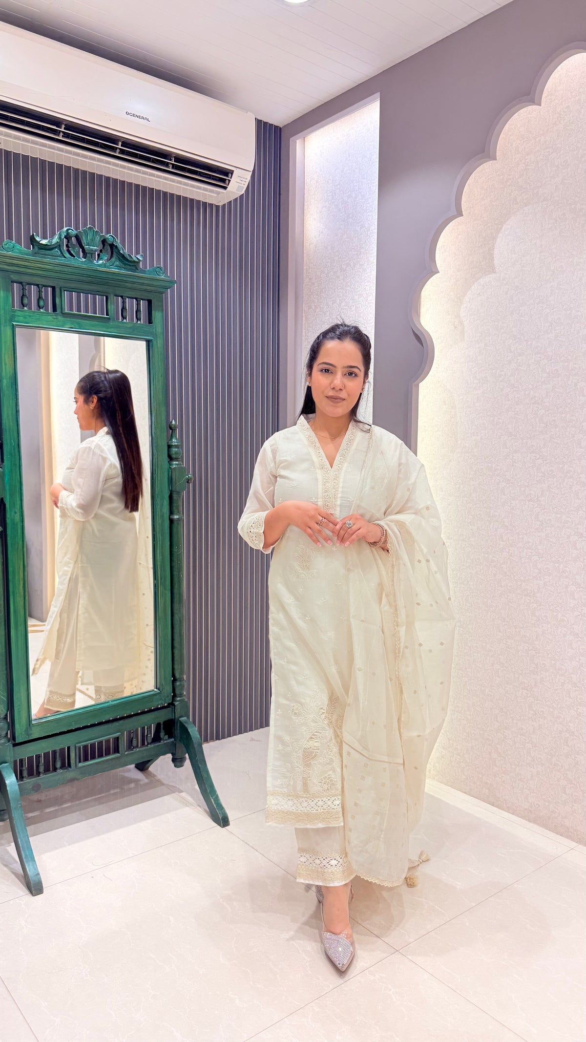 Mul Chanderi Suit with Thread Embroidery & Gota Highlights