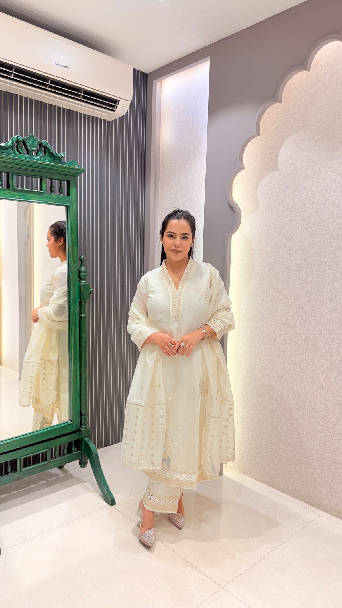 Mul Chanderi Suit with Thread Embroidery & Gota Highlights