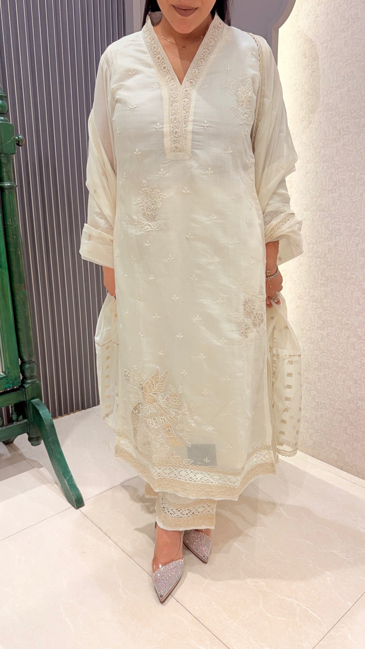 Mul Chanderi Suit with Thread Embroidery & Gota Highlights