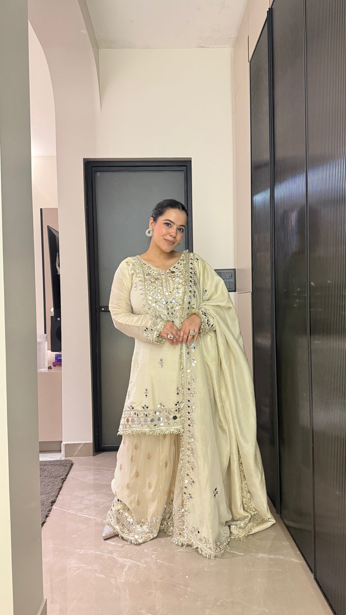 Shimmer Fabric Mirror Work Suit – Festive Elegance (Upto Size 46)