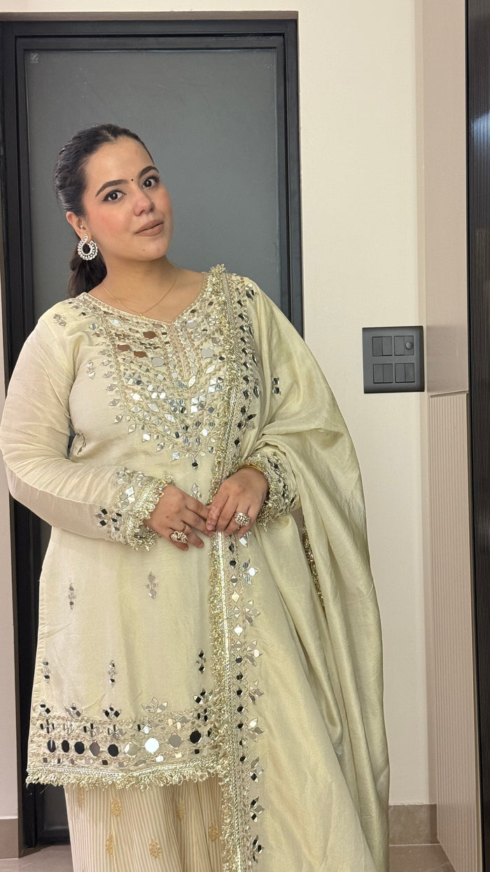 Shimmer Fabric Mirror Work Suit – Festive Elegance (Upto Size 46)