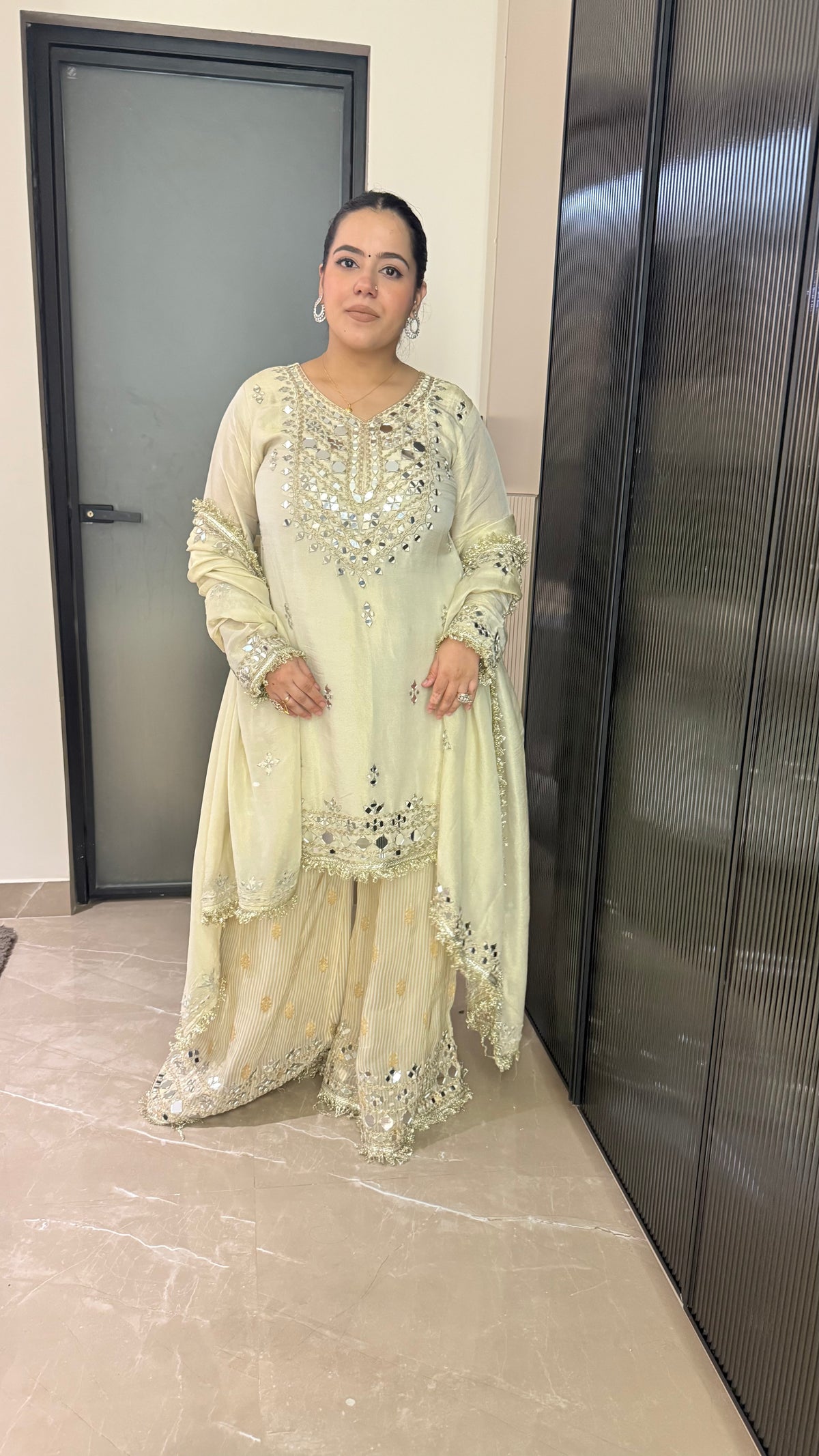 Shimmer Fabric Mirror Work Suit – Festive Elegance (Upto Size 46)