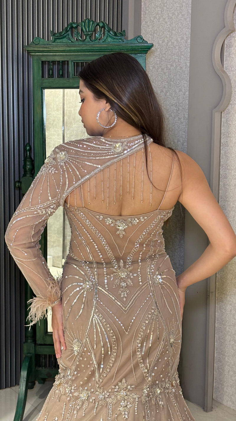Designer Fish-Cut Gown with Sequin, Cutdana & Dori Work