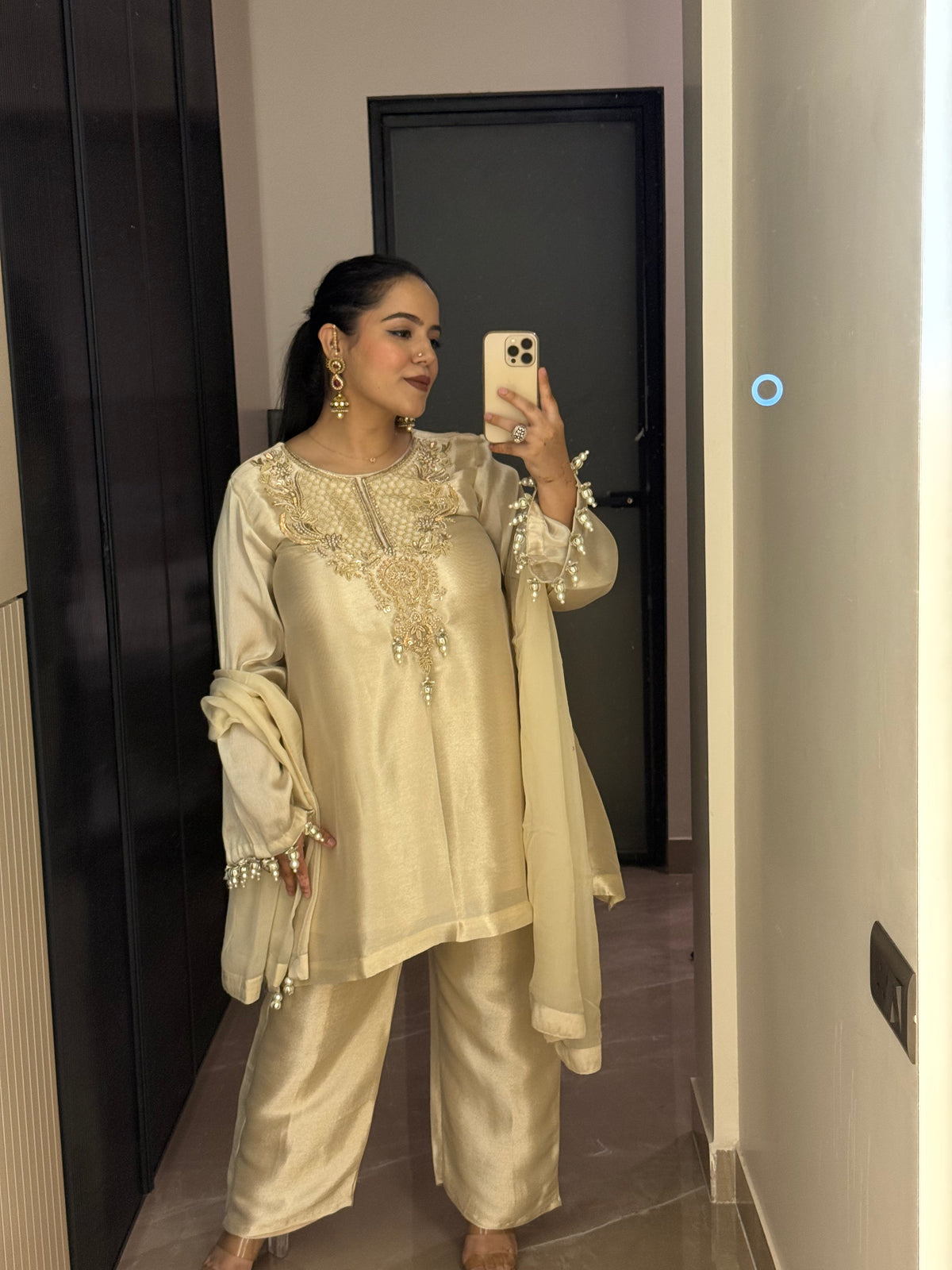 Pearls & Dabka Work Shimmer Silk Suit – Elegant Festive Wear