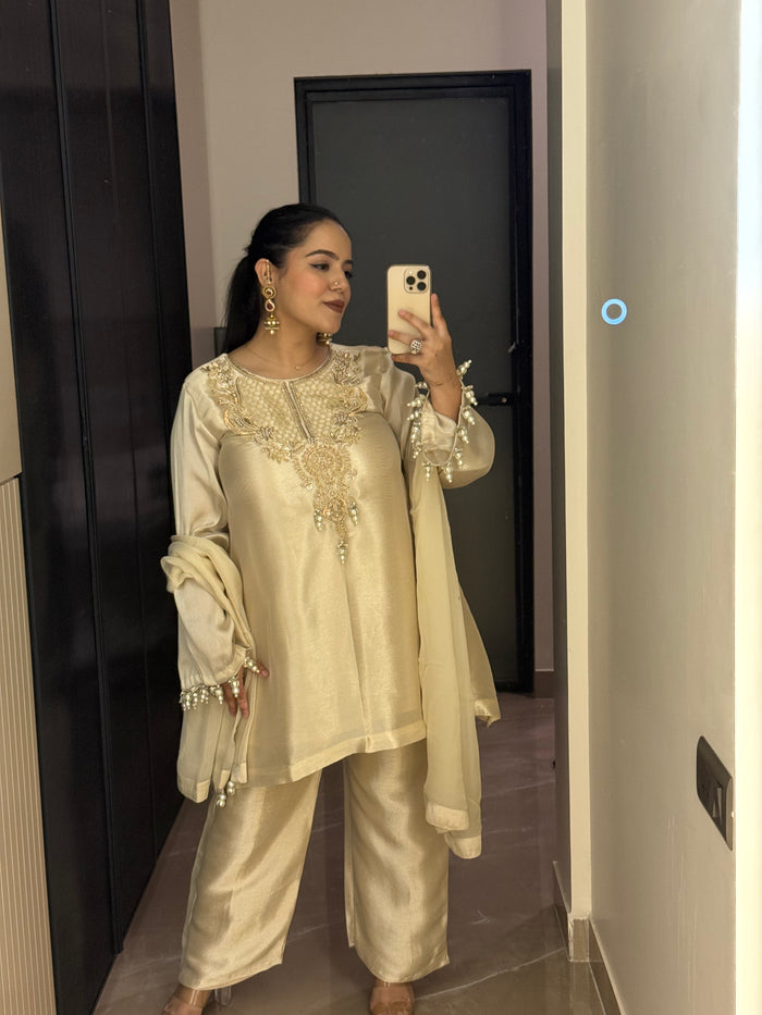 Pearls & Dabka Work Shimmer Silk Suit – Elegant Festive Wear