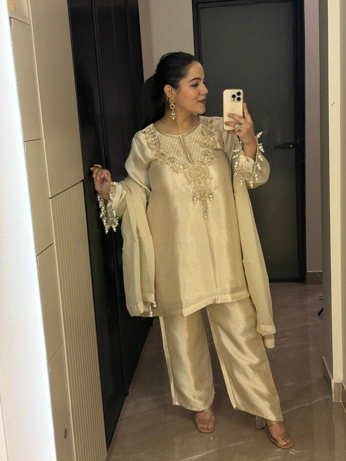 Pearls & Dabka Work Shimmer Silk Suit – Elegant Festive Wear