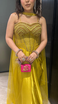 Indo-Western Satin Skirt Set with Handwork Corset Blouse