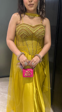 Indo-Western Satin Skirt Set with Handwork Corset Blouse
