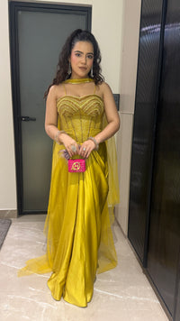 Indo-Western Satin Skirt Set with Handwork Corset Blouse