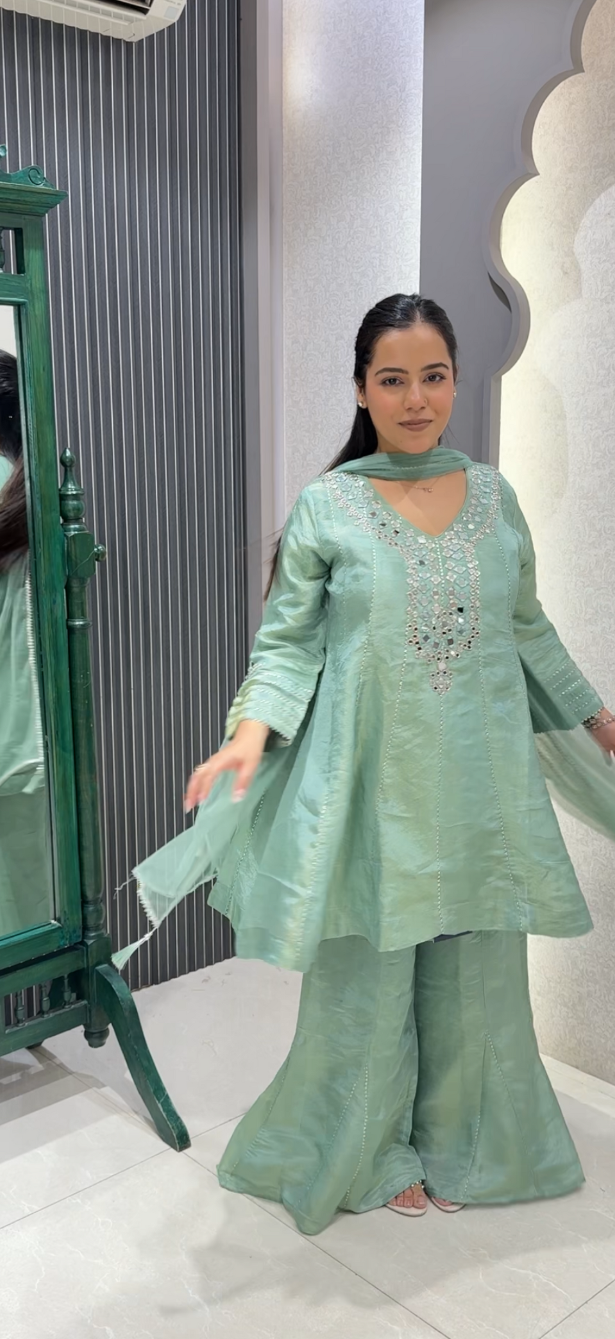 Shimmer Silk Suit with Mirror Work