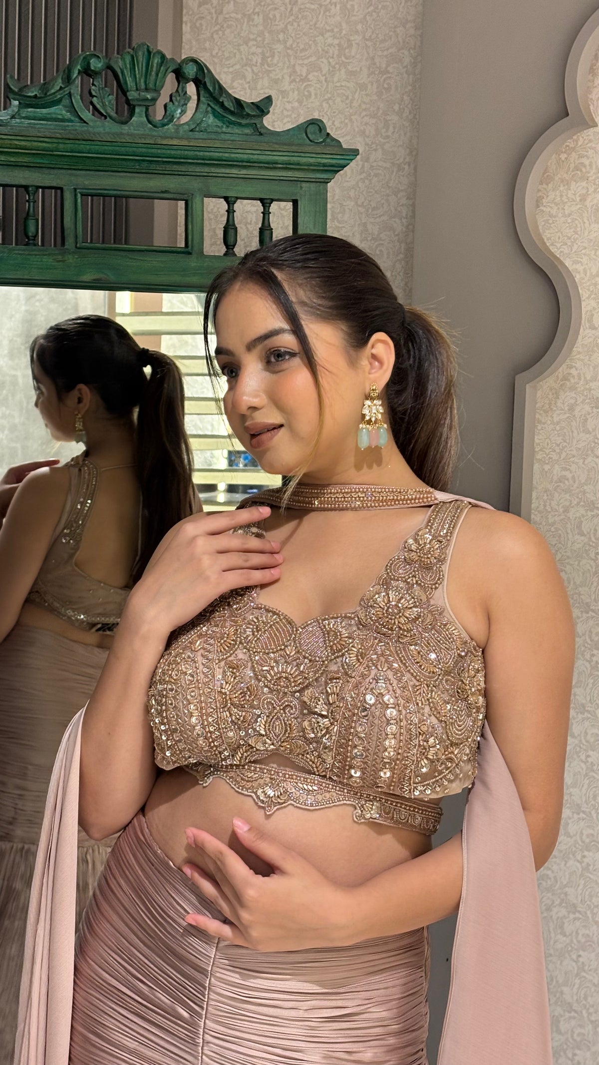Embroidered Blouse with Satin Lehenga – Luxe Festive & Wedding Wear
