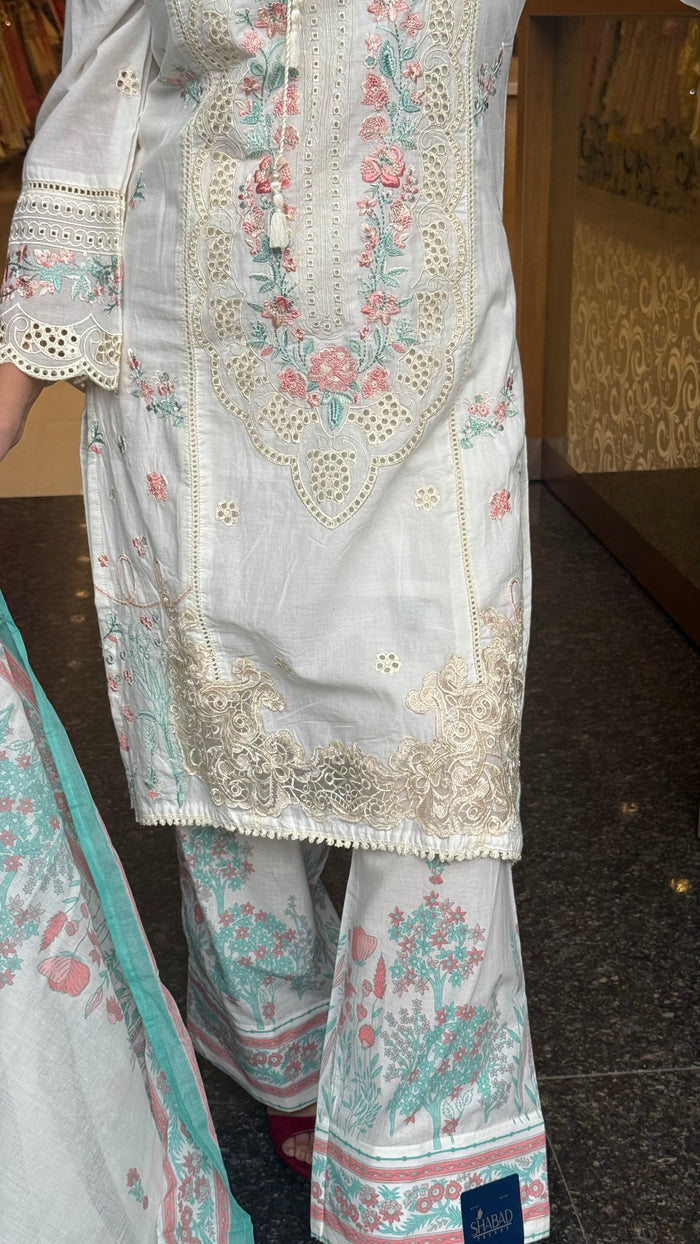 Women's Cotton Pakistani Suit with Cutwork & Thread Embroidery