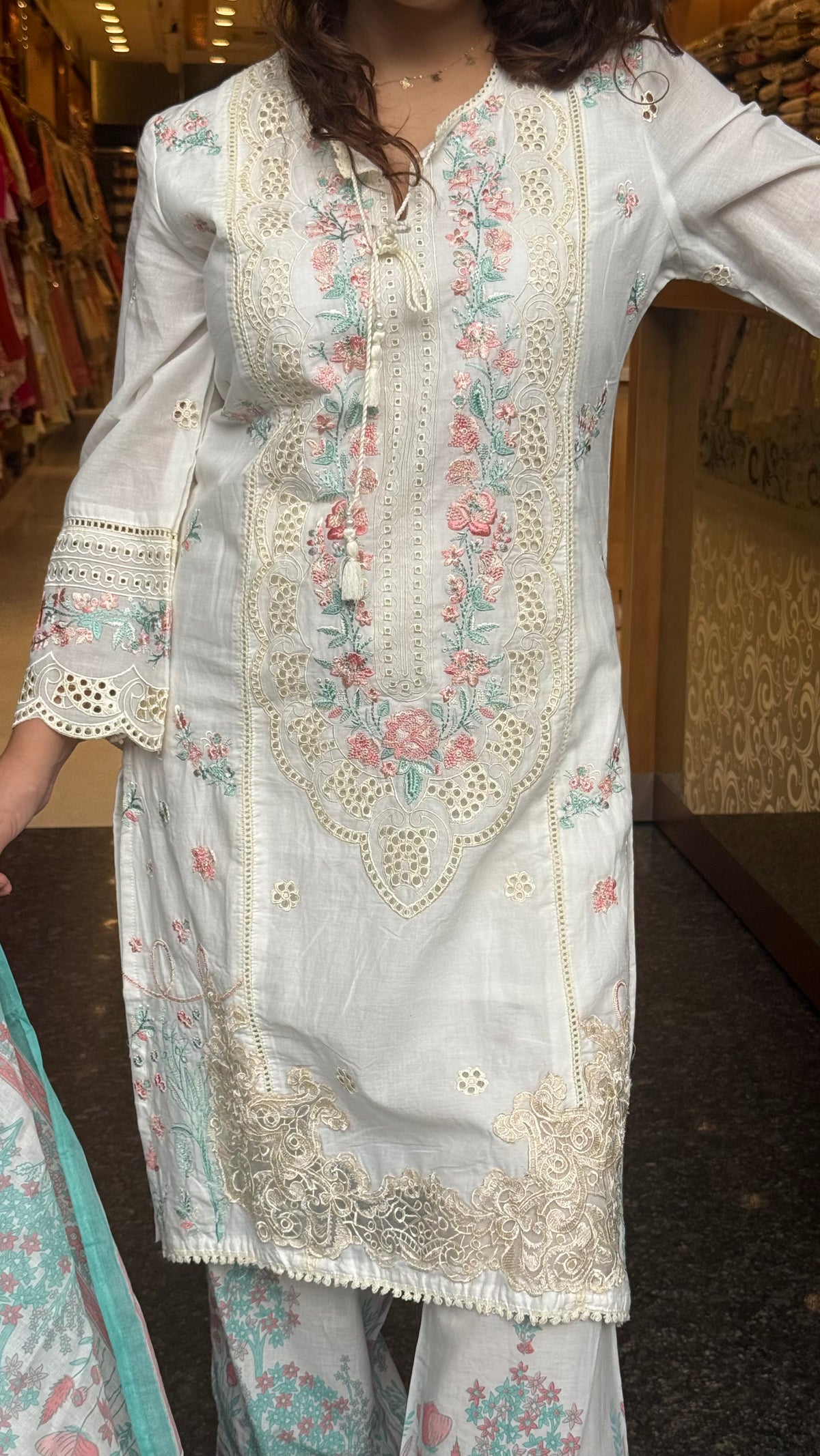 Women's Cotton Pakistani Suit with Cutwork & Thread Embroidery