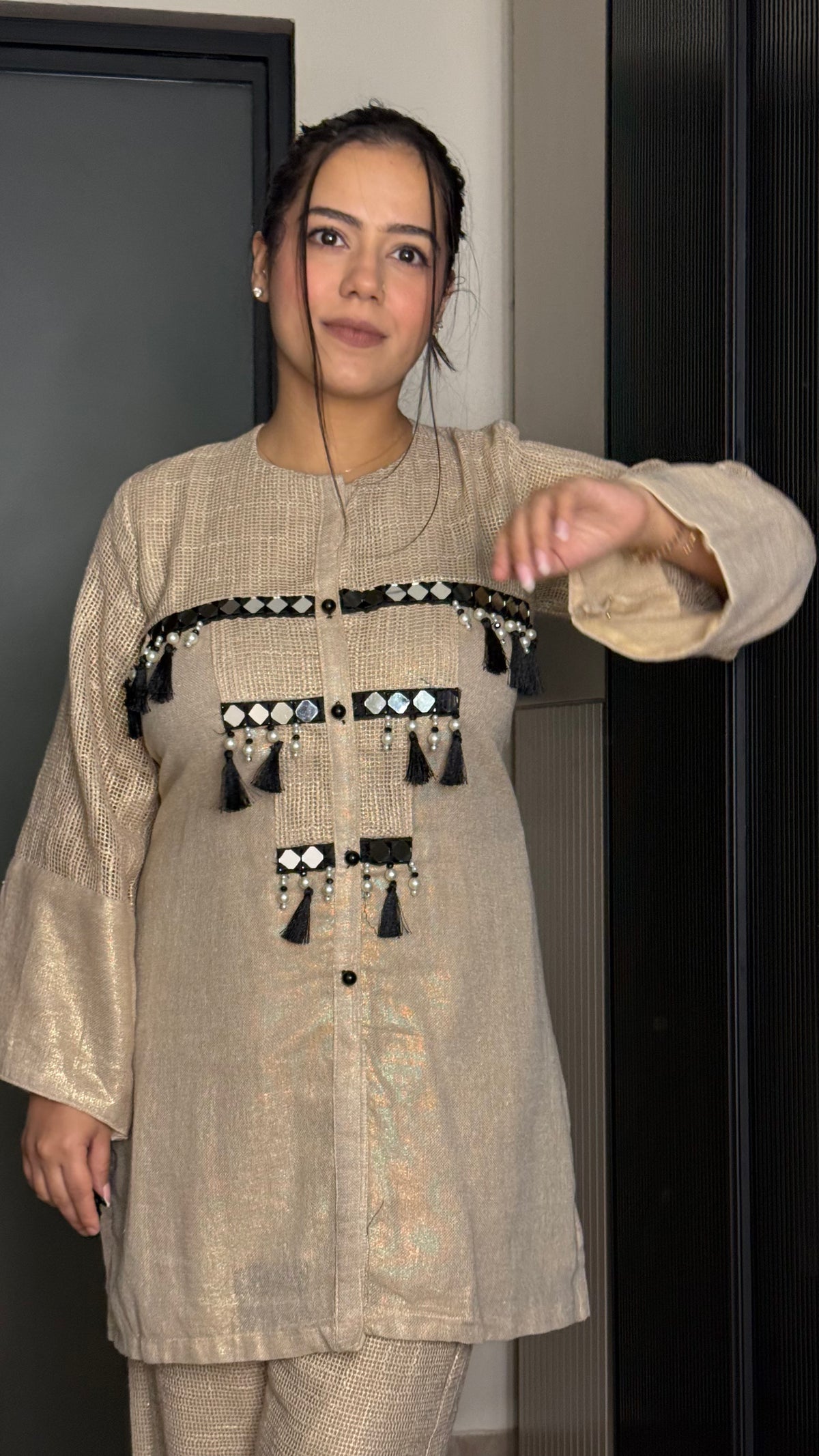 Premium Jute & Shimmer Co-ord Set with Mirror Work