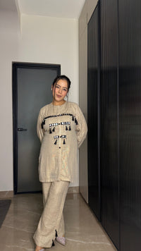 Premium Jute & Shimmer Co-ord Set with Mirror Work