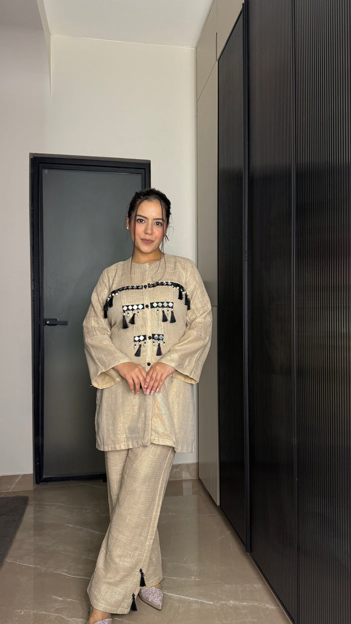 Premium Jute & Shimmer Co-ord Set with Mirror Work