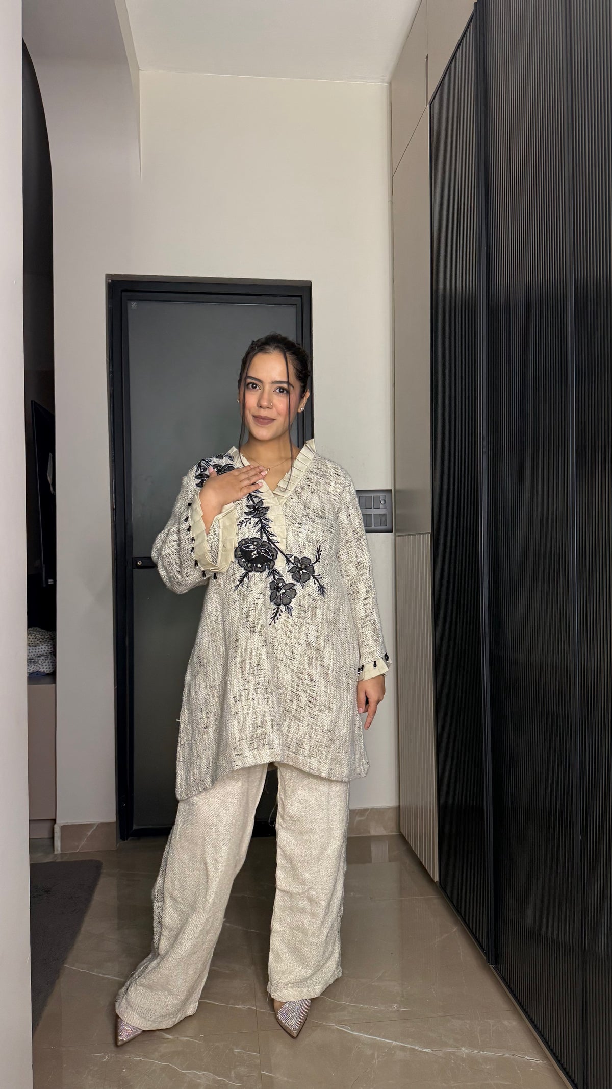 Luxury Jute Co-ord Set with Handwork Patchwork