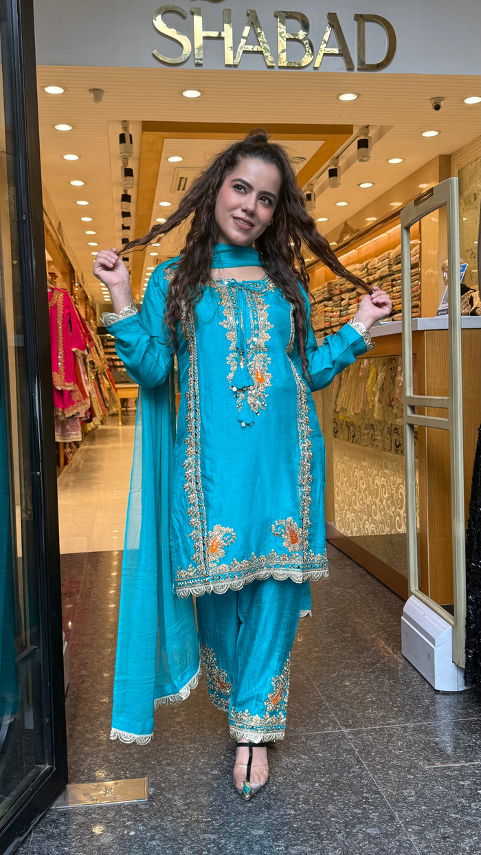 Women's Budget-Friendly Silk Suit Set | Gold Dori & Mirror Work | Up to Size 46