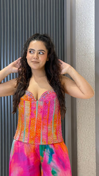 Indo-Western Crepe Outfit with Handwork Corset & Zarkan Stone Work