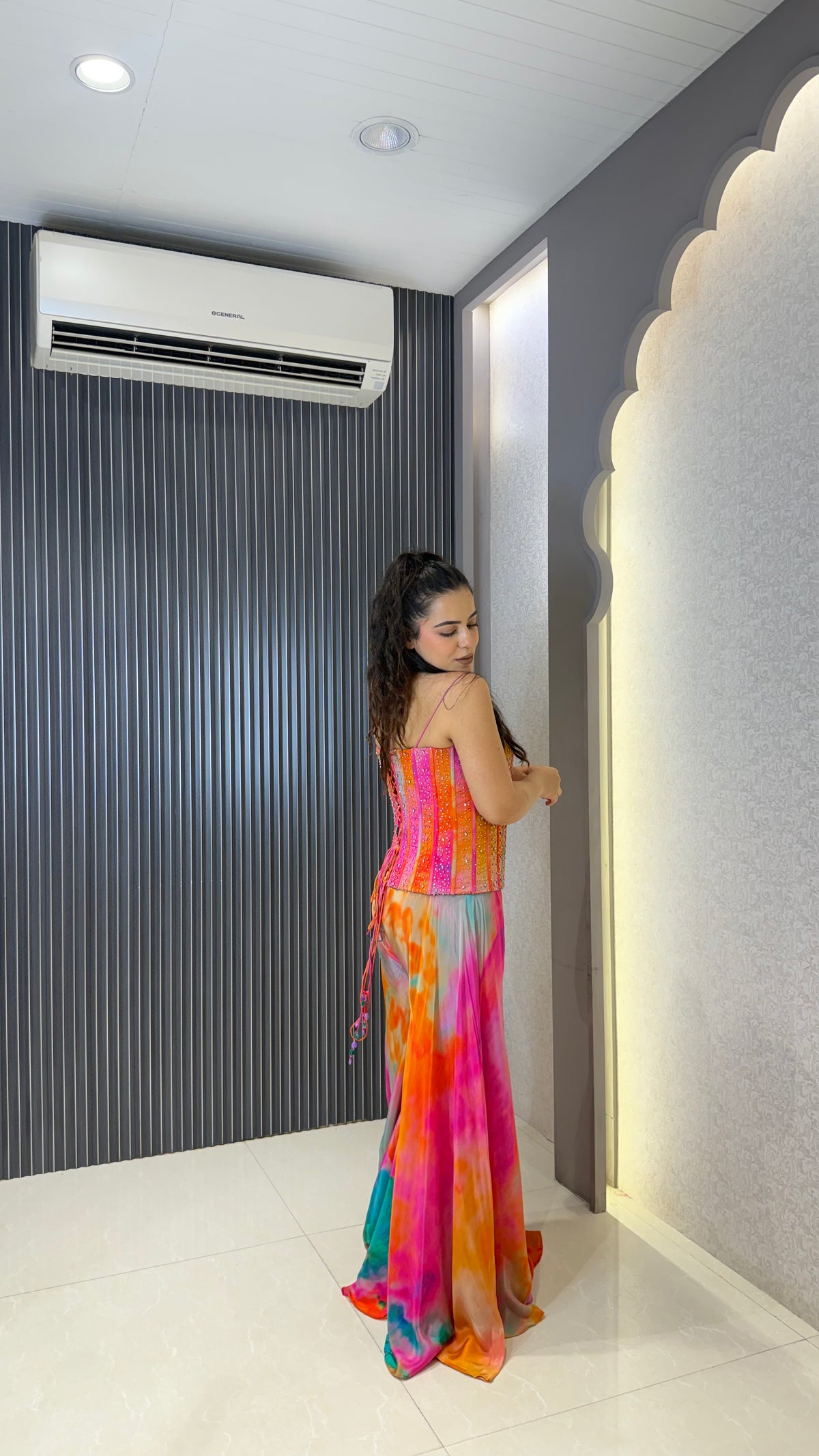 Indo-Western Crepe Outfit with Handwork Corset & Zarkan Stone Work
