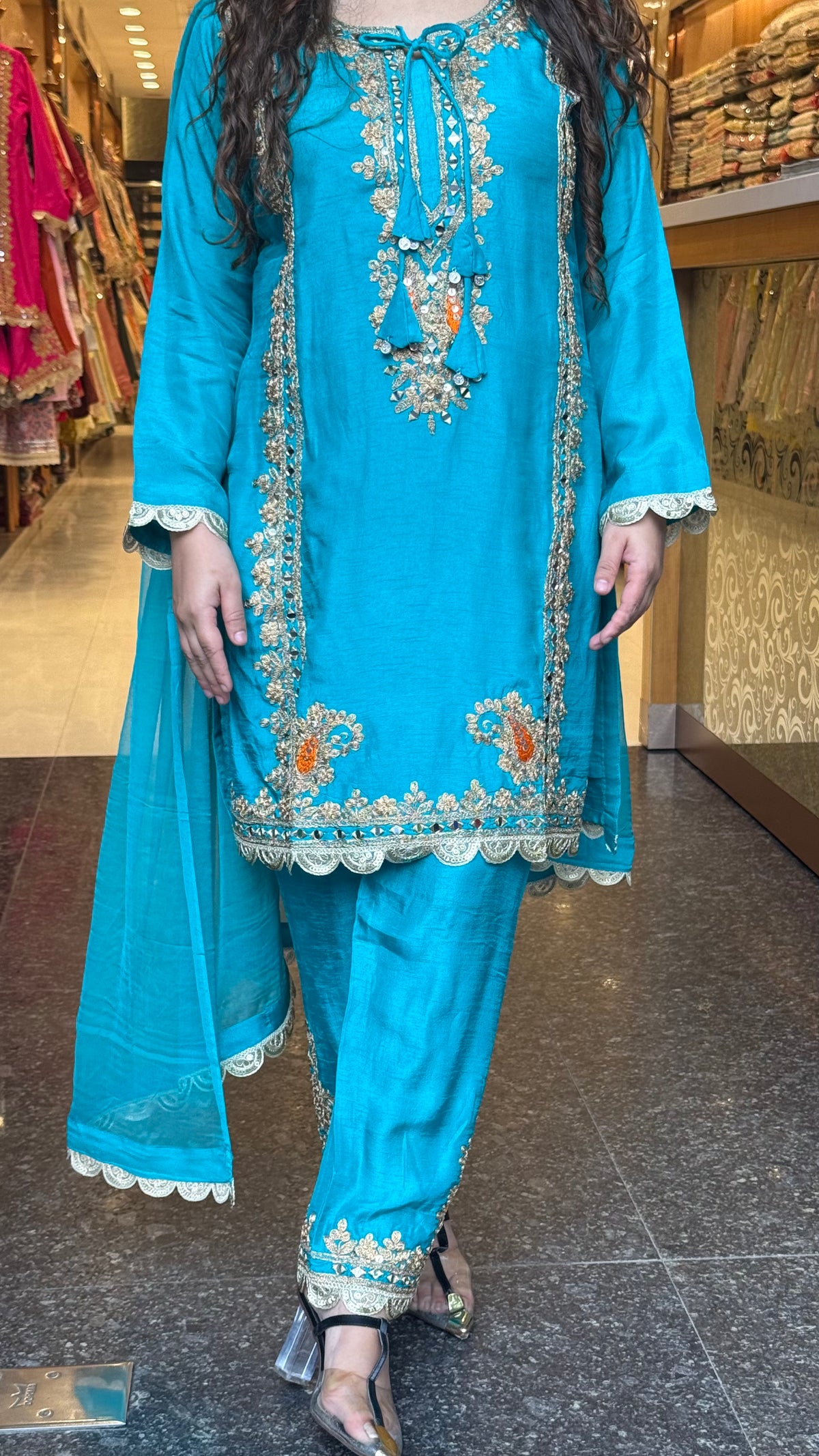 Women's Budget-Friendly Silk Suit Set | Gold Dori & Mirror Work | Up to Size 46