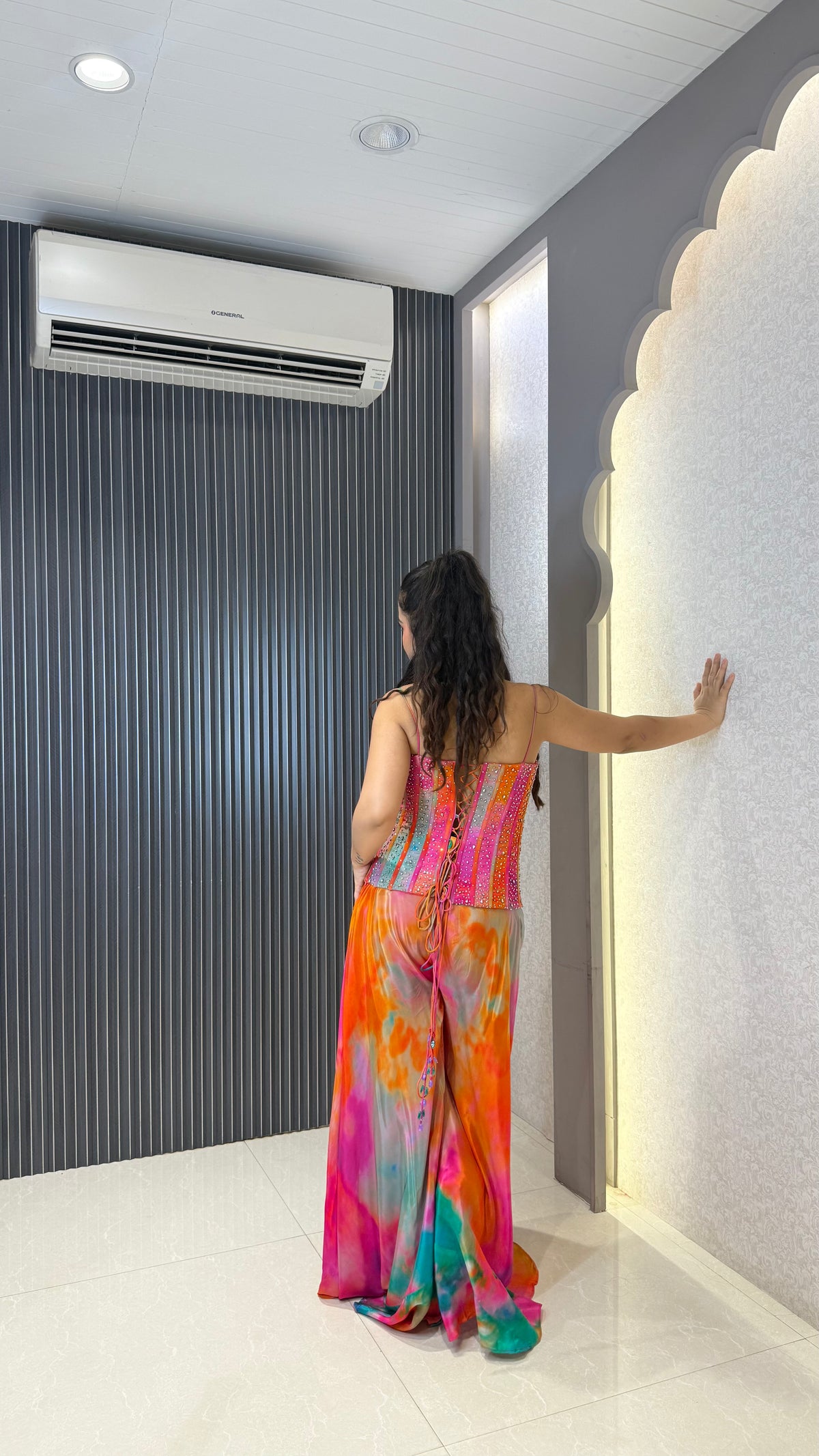 Indo-Western Crepe Outfit with Handwork Corset & Zarkan Stone Work