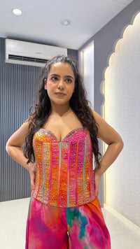 Indo-Western Crepe Outfit with Handwork Corset & Zarkan Stone Work