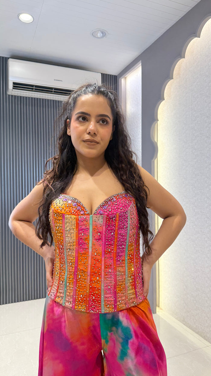 Indo-Western Crepe Outfit with Handwork Corset & Zarkan Stone Work