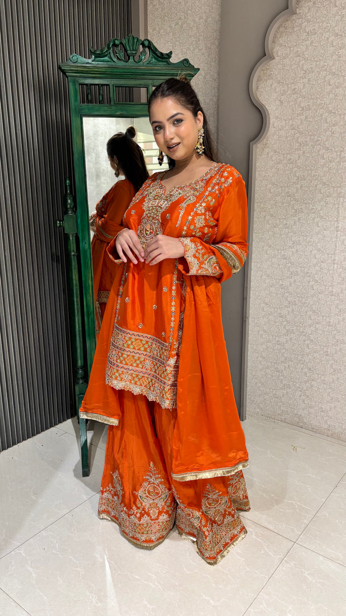 Orange Embroidered Sharara Suit – Festive Elegance & Timeless Charm