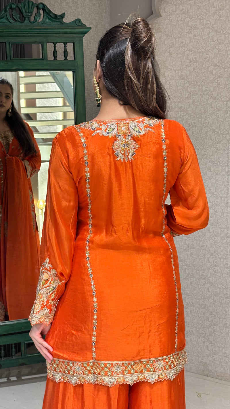 Orange Embroidered Sharara Suit – Festive Elegance & Timeless Charm