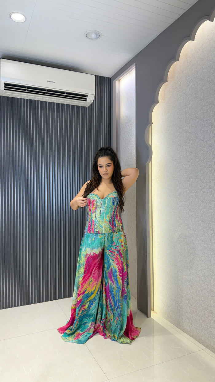 Indo-Western Crepe Set with Handwork Corset & Zarkan Stone Work