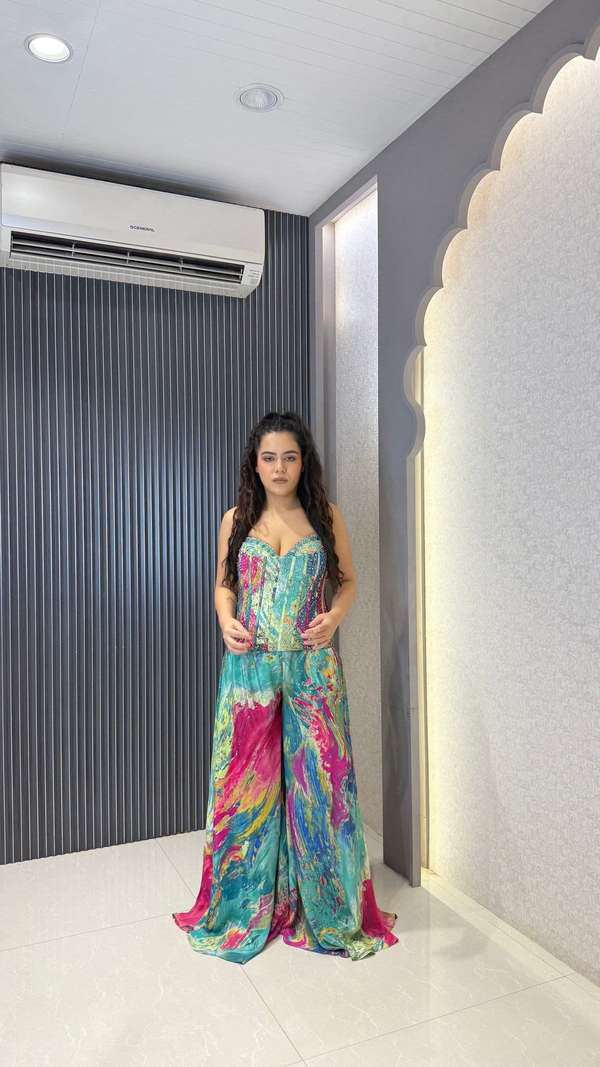 Indo-Western Crepe Set with Handwork Corset & Zarkan Stone Work