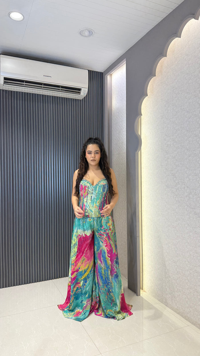 Indo-Western Crepe Set with Handwork Corset & Zarkan Stone Work