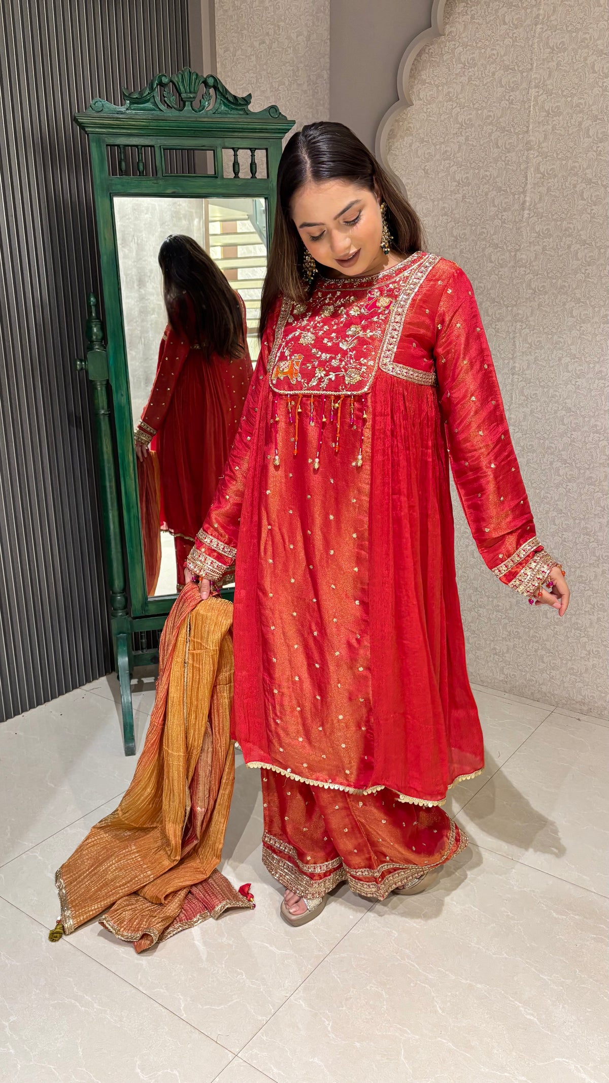 Reddish Orange Knee-Length Suit – Intricate Detailing & Elegant Style dabka pearls sequin detailing shimmer silk fabric