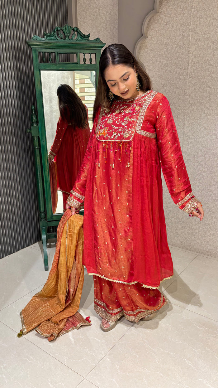 Reddish Orange Knee-Length Suit – Intricate Detailing & Elegant Style dabka pearls sequin detailing shimmer silk fabric