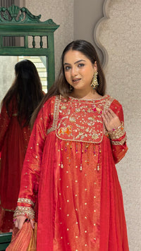 Reddish Orange Knee-Length Suit – Intricate Detailing & Elegant Style dabka pearls sequin detailing shimmer silk fabric
