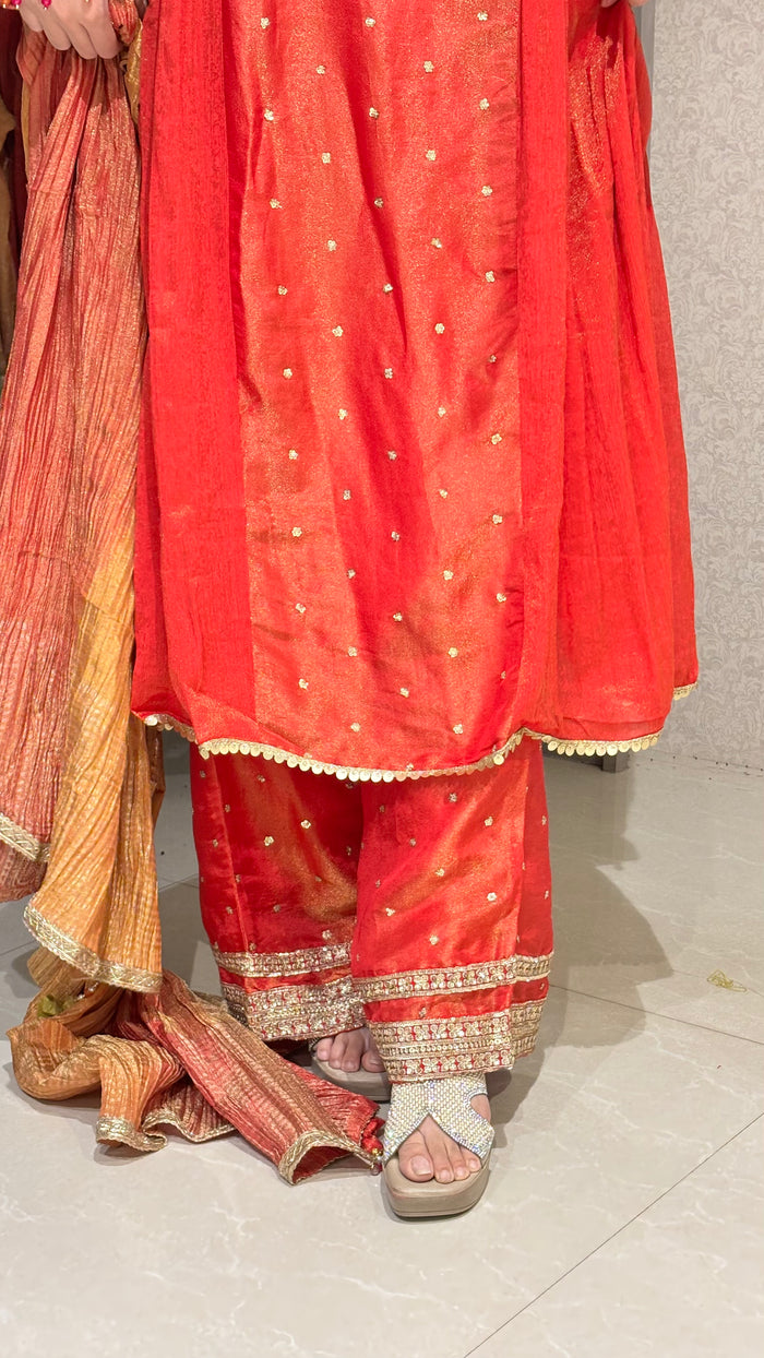 Reddish Orange Knee-Length Suit – Intricate Detailing & Elegant Style dabka pearls sequin detailing shimmer silk fabric