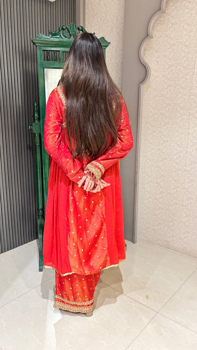 Reddish Orange Knee-Length Suit – Intricate Detailing & Elegant Style dabka pearls sequin detailing shimmer silk fabric