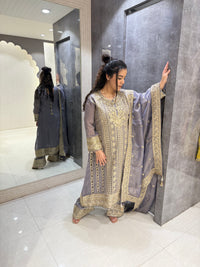 Elegant Zari Cutwork Suit with Handcrafted Neckline in Peach, Green, and Grey