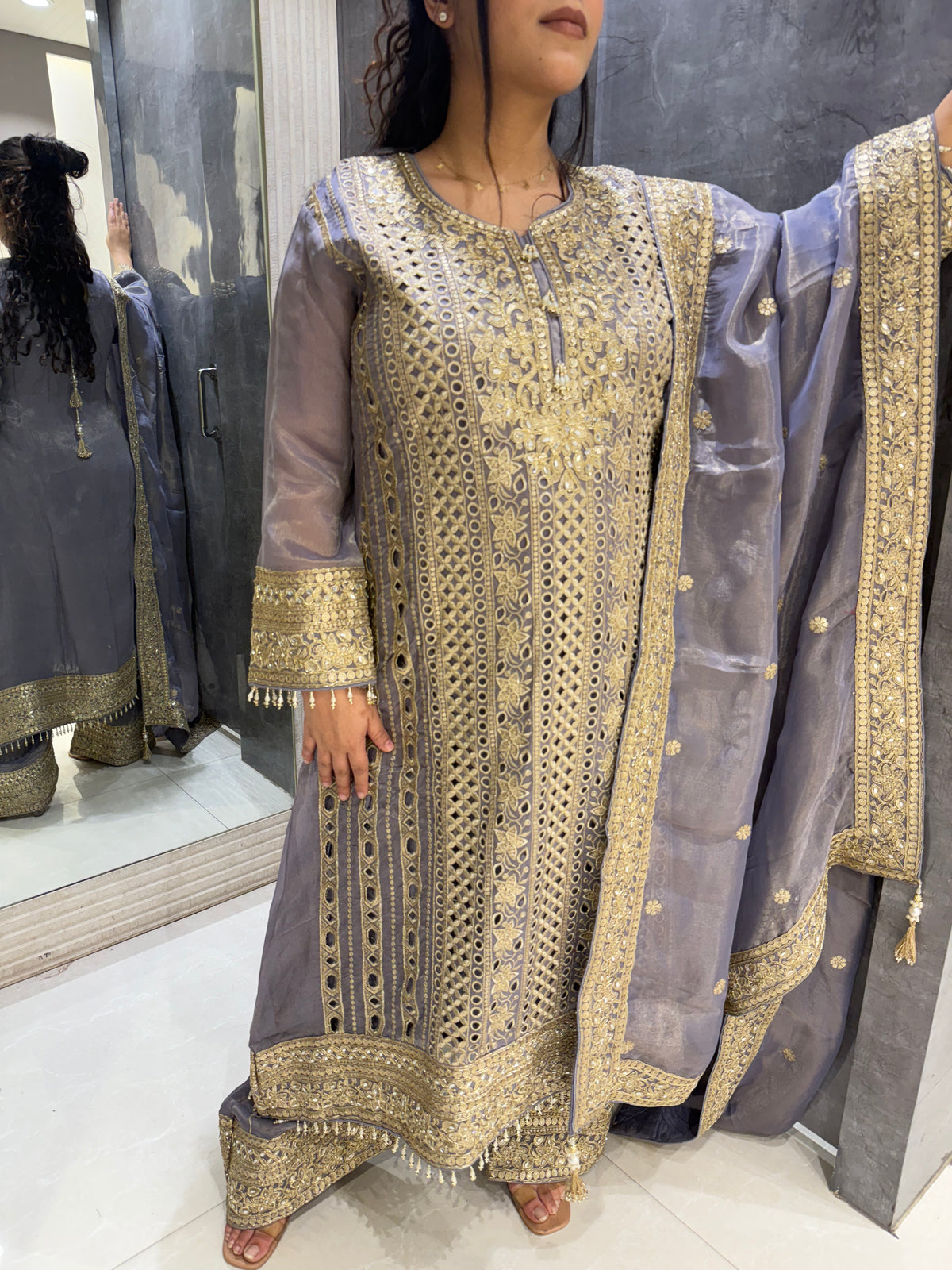 Elegant Zari Cutwork Suit with Handcrafted Neckline in Peach, Green, and Grey