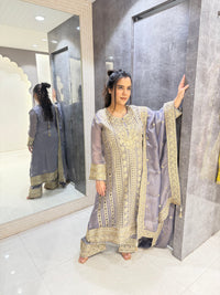 Elegant Zari Cutwork Suit with Handcrafted Neckline in Peach, Green, and Grey