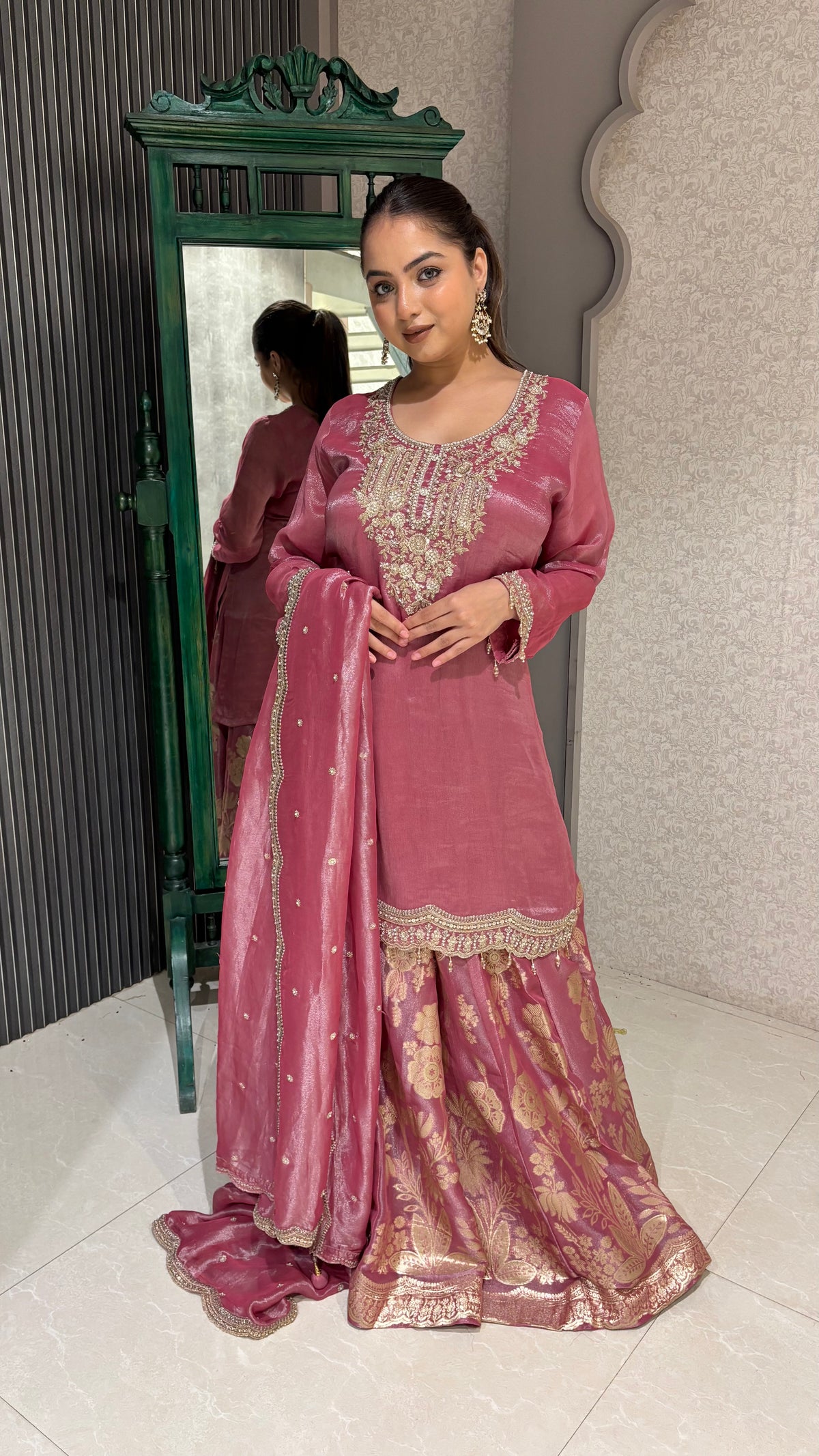 Banarasi Silk Sharara Suit with Skirt bottom and handwork neckline– Regal Elegance for Festive Occasions