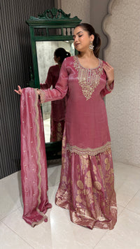 Banarasi Silk Sharara Suit with Skirt bottom and handwork neckline– Regal Elegance for Festive Occasions