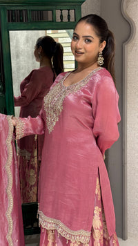 Banarasi Silk Sharara Suit with Skirt bottom and handwork neckline– Regal Elegance for Festive Occasions