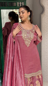 Banarasi Silk Sharara Suit with Skirt bottom and handwork neckline– Regal Elegance for Festive Occasions
