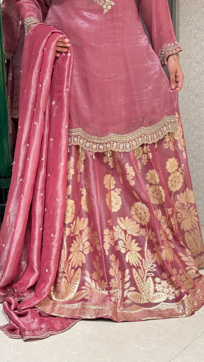 Banarasi Silk Sharara Suit with Skirt bottom and handwork neckline– Regal Elegance for Festive Occasions