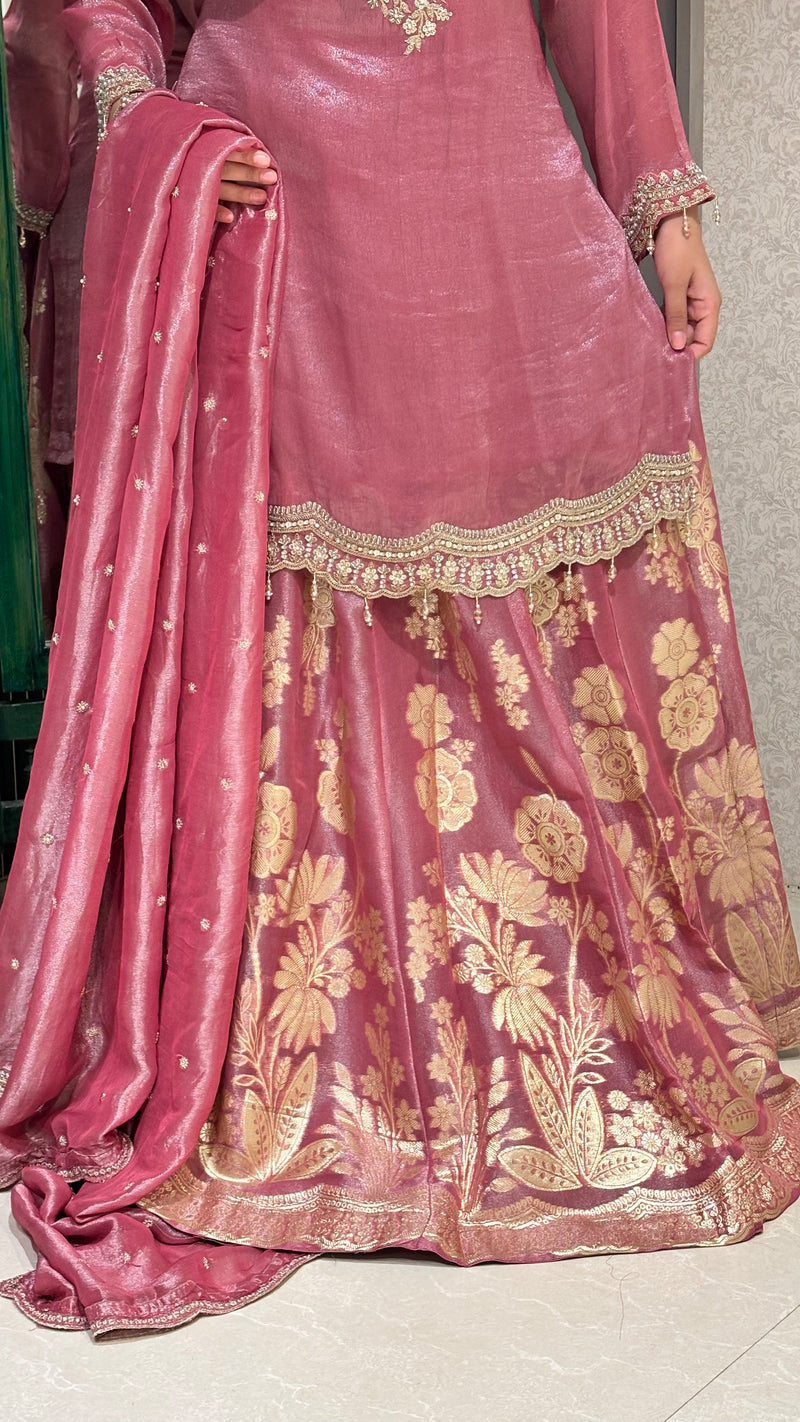 Banarasi Silk Sharara Suit with Skirt bottom and handwork neckline– Regal Elegance for Festive Occasions