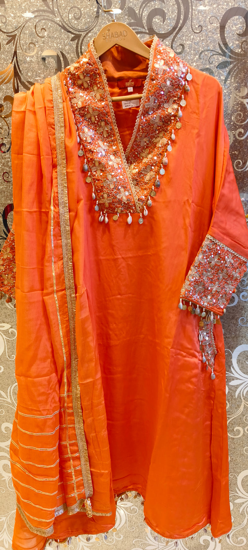 Luxe Satin Silk Suit with Gotta Work & Sequin Shell Embellishments