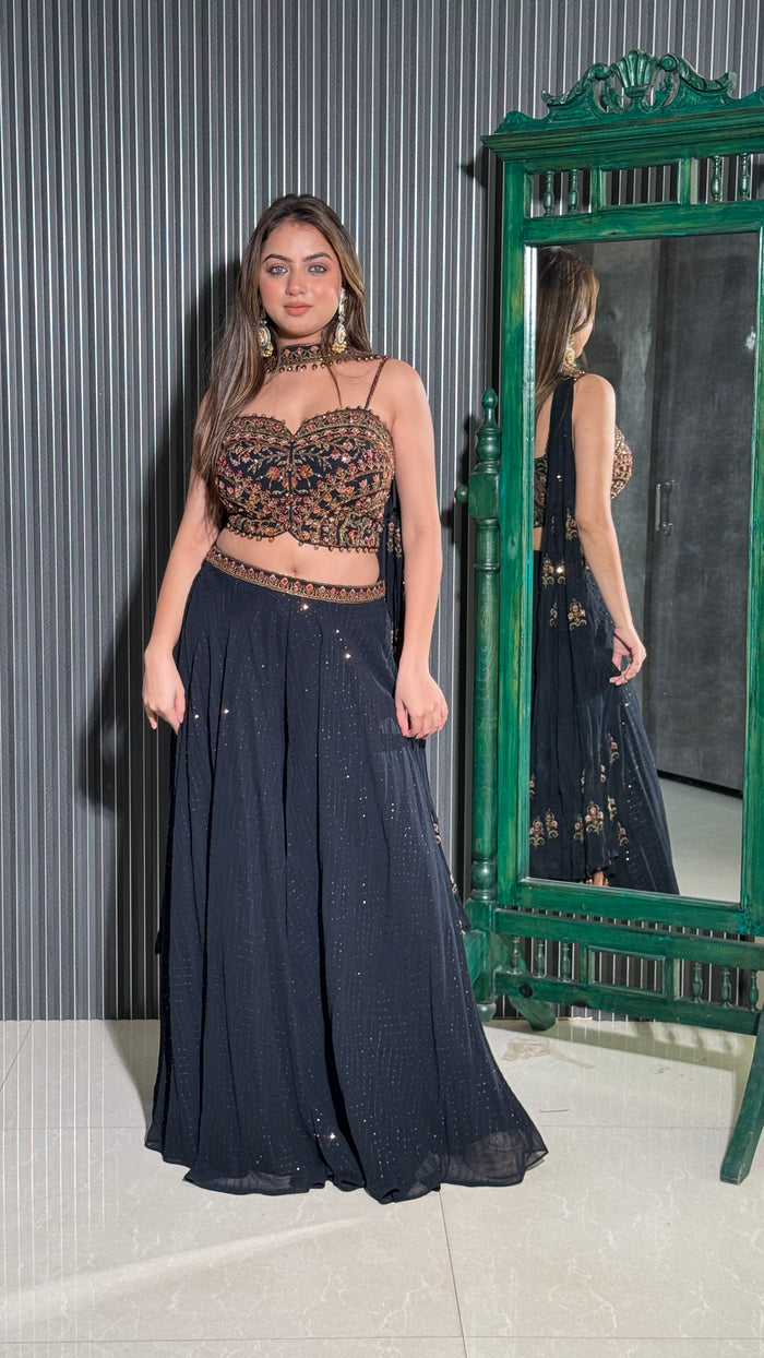 Kashmiri Hand Embroidery Cut Dana & Sequin Crop Top, Plazo & Choker Dupatta Set – Elegant Festive Ensemble