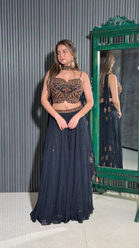 Kashmiri Hand Embroidery Cut Dana & Sequin Crop Top, Plazo & Choker Dupatta Set – Elegant Festive Ensemble
